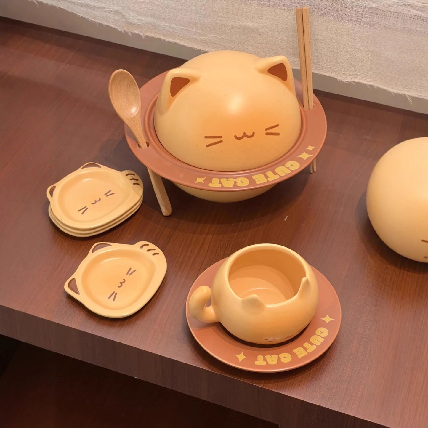Cartoon Cat  Ramen Bowl Set, Cute Coffee Cup Plate, Kitchen Utensils Fruit Plate Ceramic Seasoning Jar, Home Decor Tissue Box