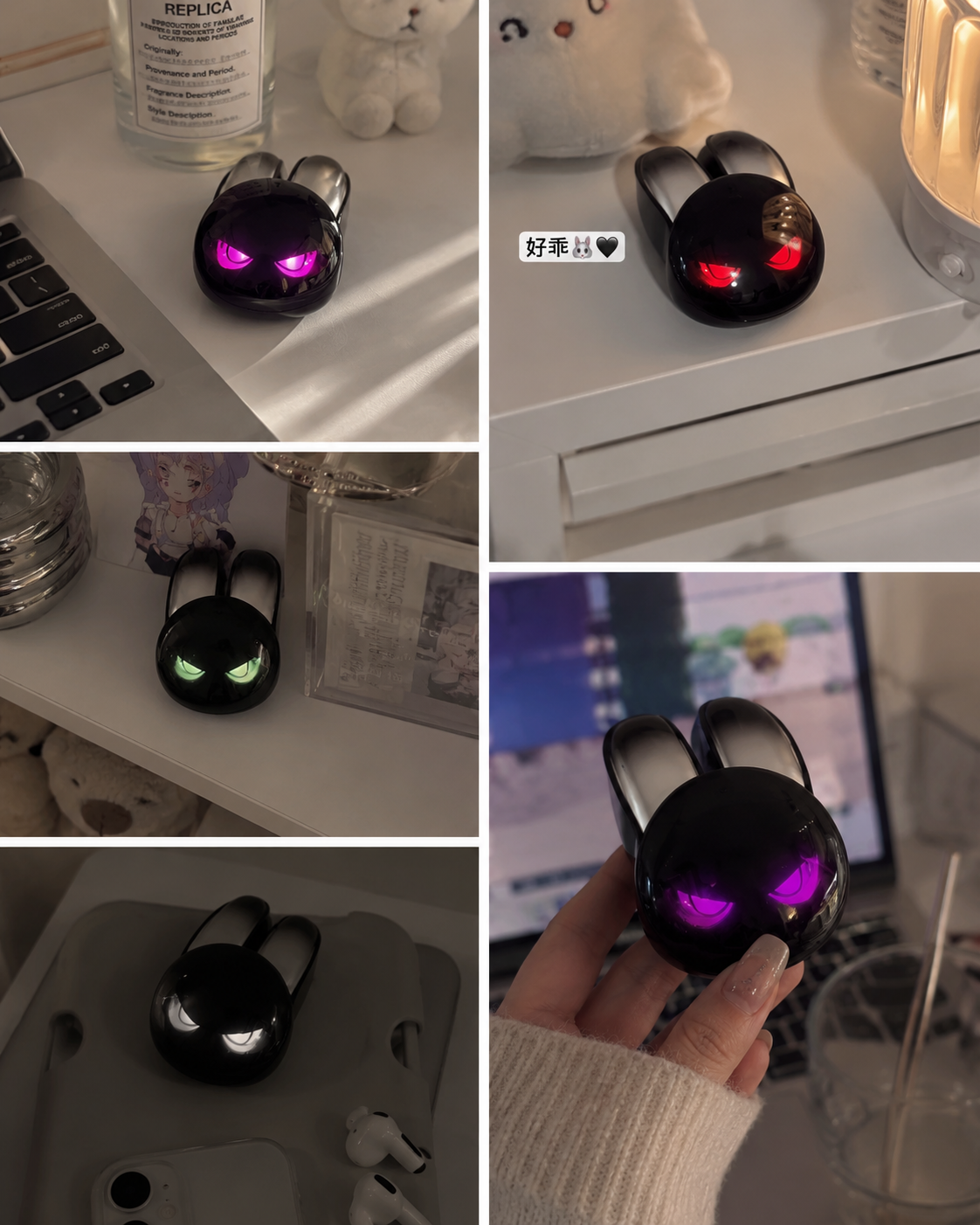 Evil bunny wireless mouse glowing in pink, red, green, and white light modes on a desk

